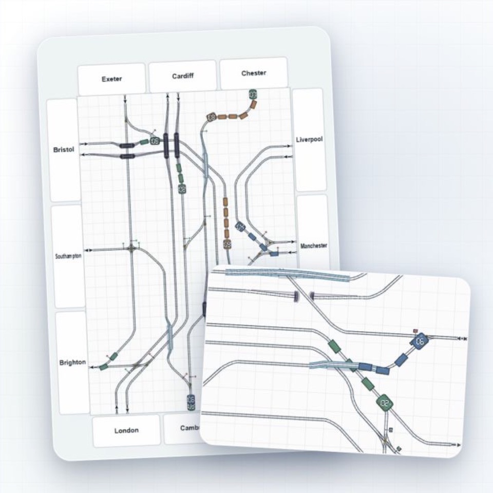 Railweave game boards with trains moving through tracks, switches, bridges and tunnels.