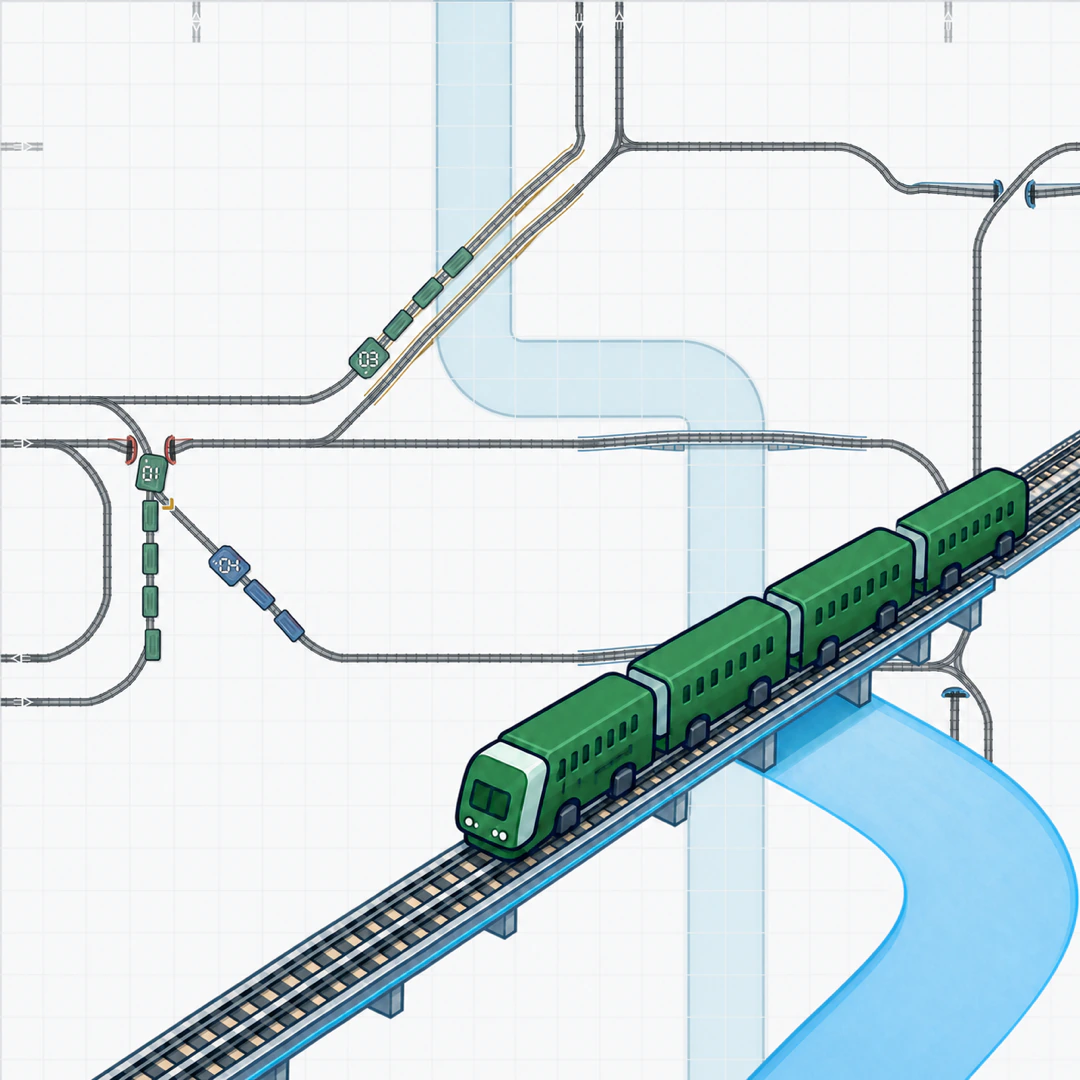 Railweave game boards with trains moving through tracks, switches, bridges and tunnels.